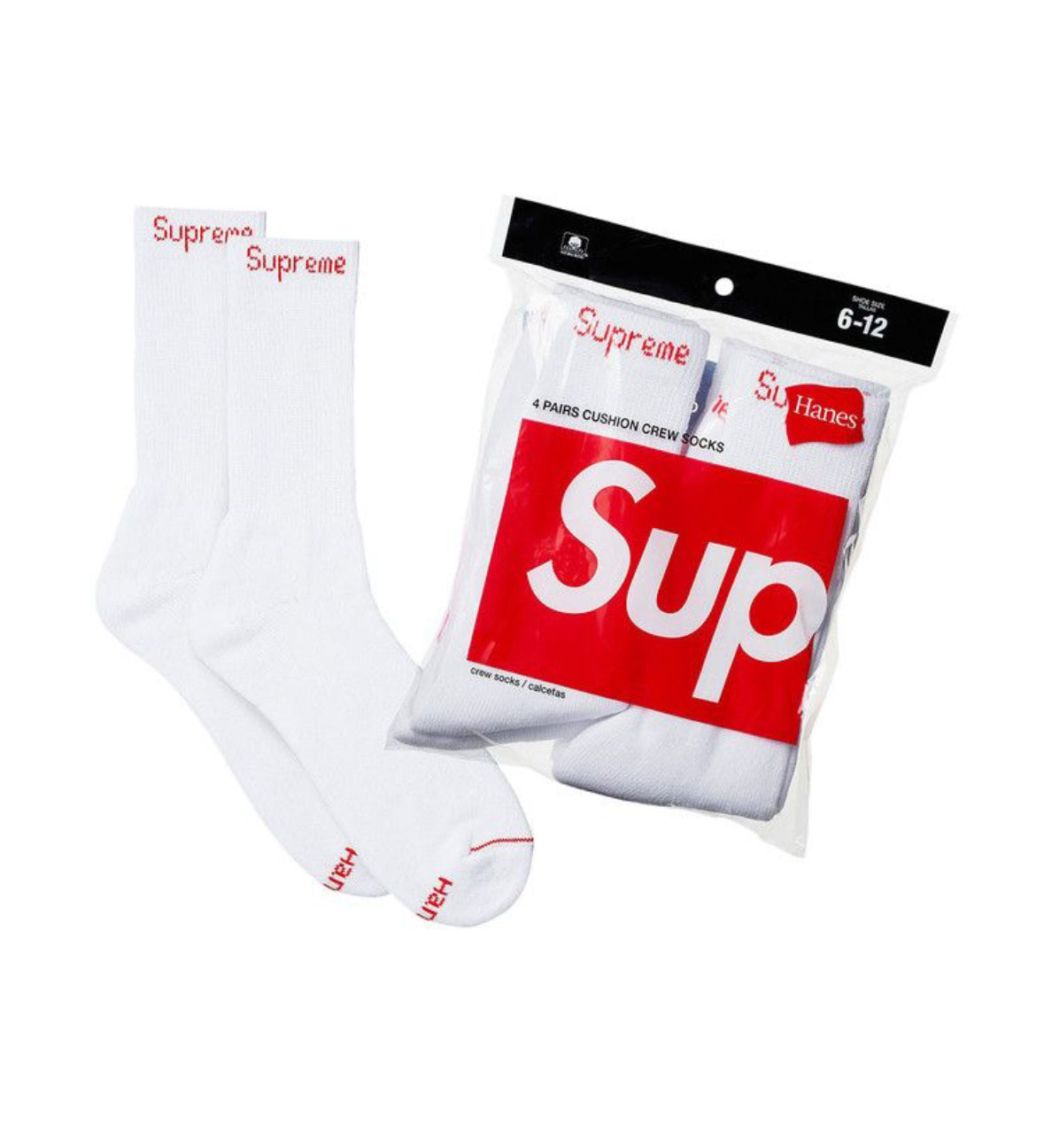 SUPREME X HANES CREW SOCKS (4 PACK) WHITE